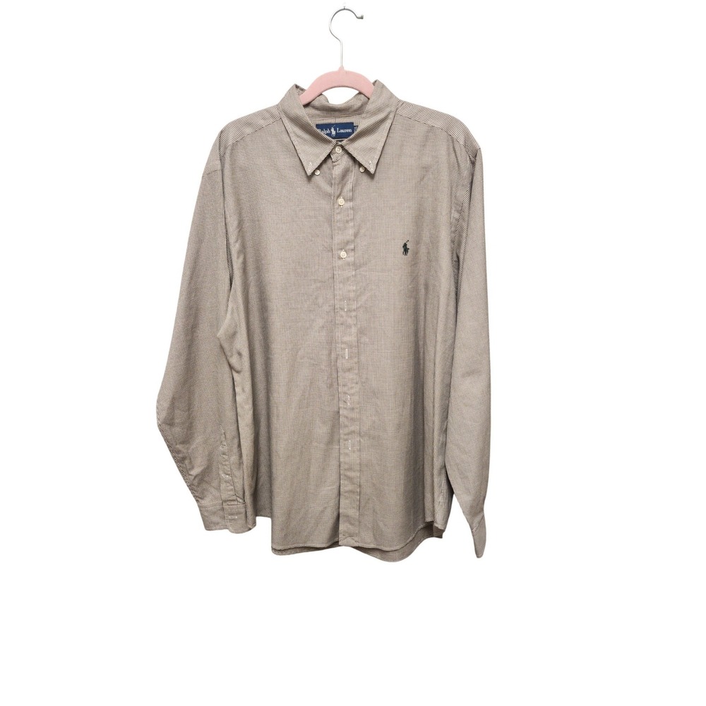 Polo Ralph Lauren Mens XL Classic Fit Houndstooth Button Down Shirt Tan White